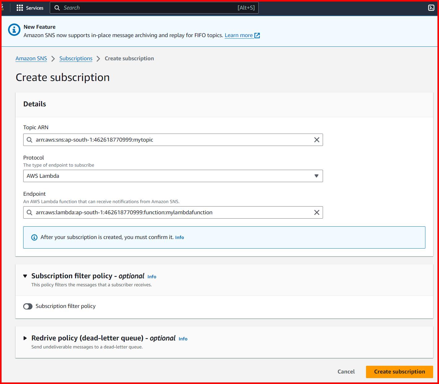 Picture showing creating a subscription